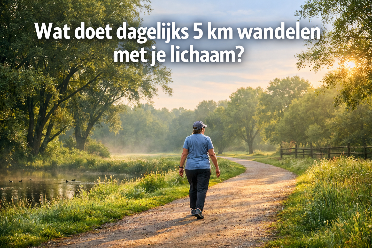 Professional landscape hero image (1536x1024) featuring bold text overlay 'Wat doet dagelijks 5 km wandelen met je lichaam?' in extra large