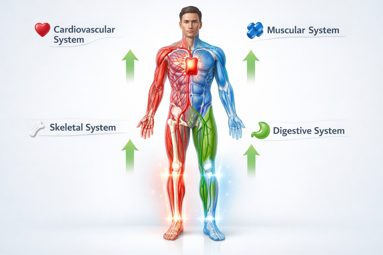 Editorial landscape image (1536x1024) showing anatomical illustration of human body with highlighted systems: cardiovascular system in red,
