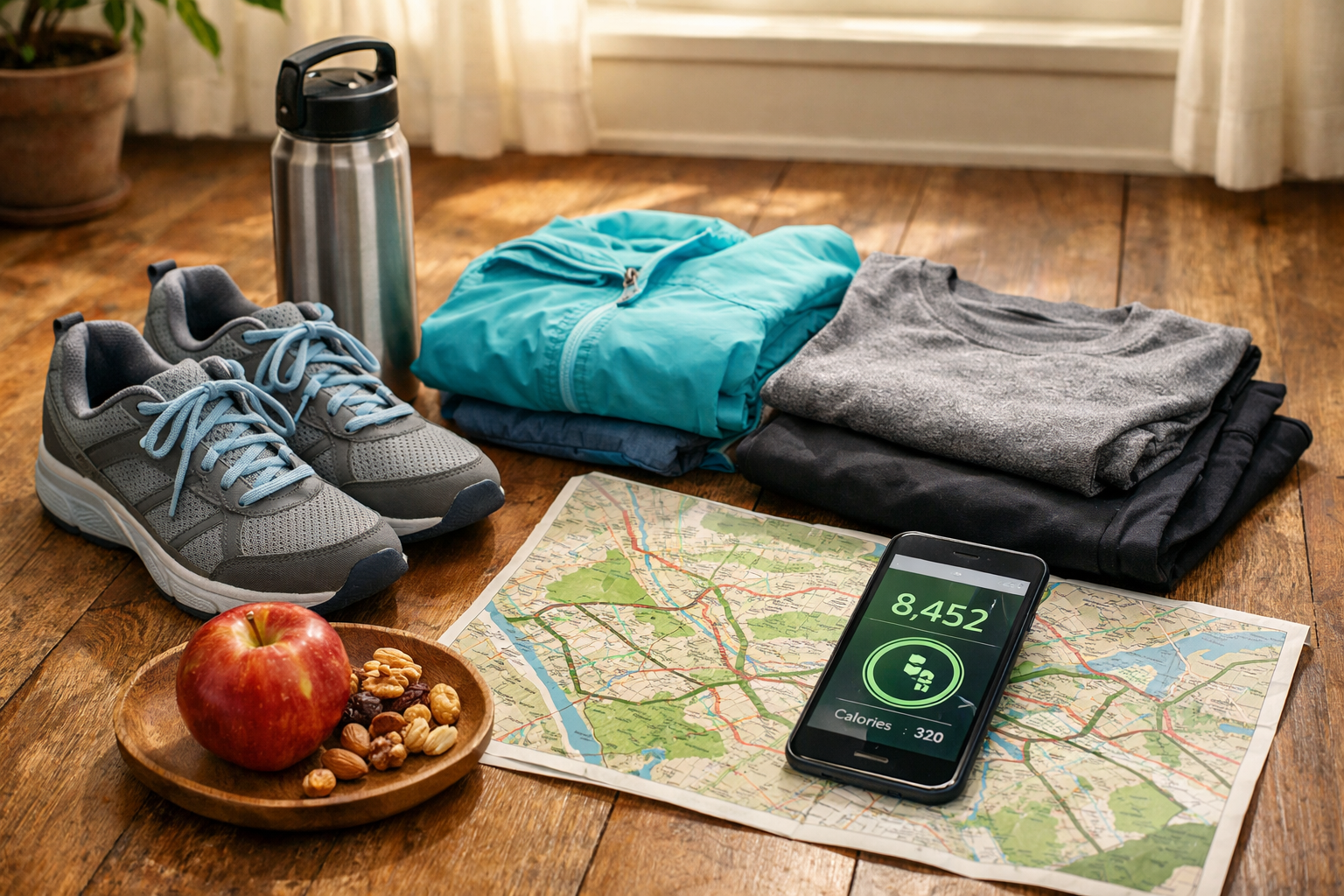 Landscape composition (1536x1024) showing practical walking preparation scene: comfortable walking shoes on wooden floor, water bottle, ligh