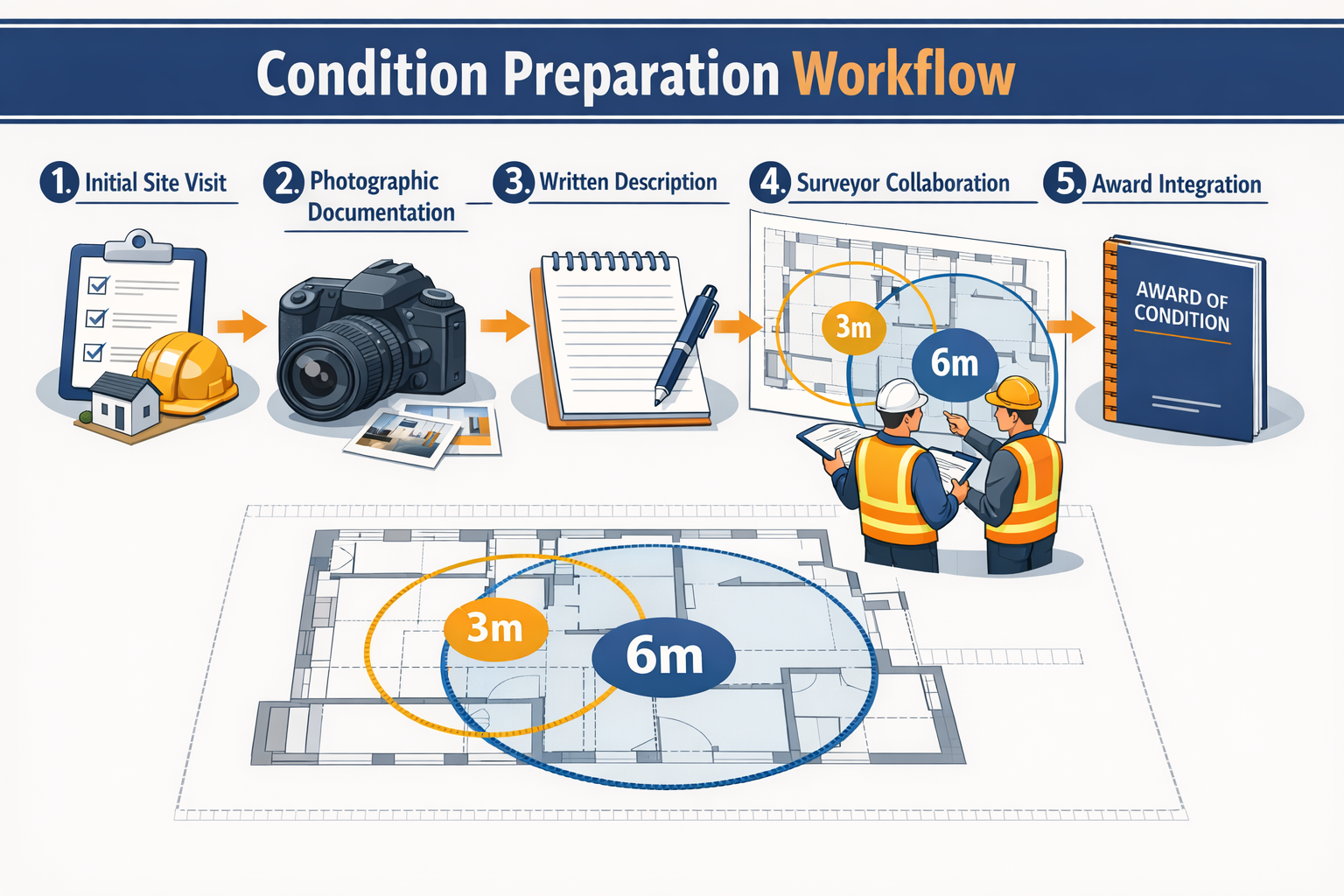 () detailed infographic showing step-by-step schedule of condition preparation workflow with numbered stages 1-5, including