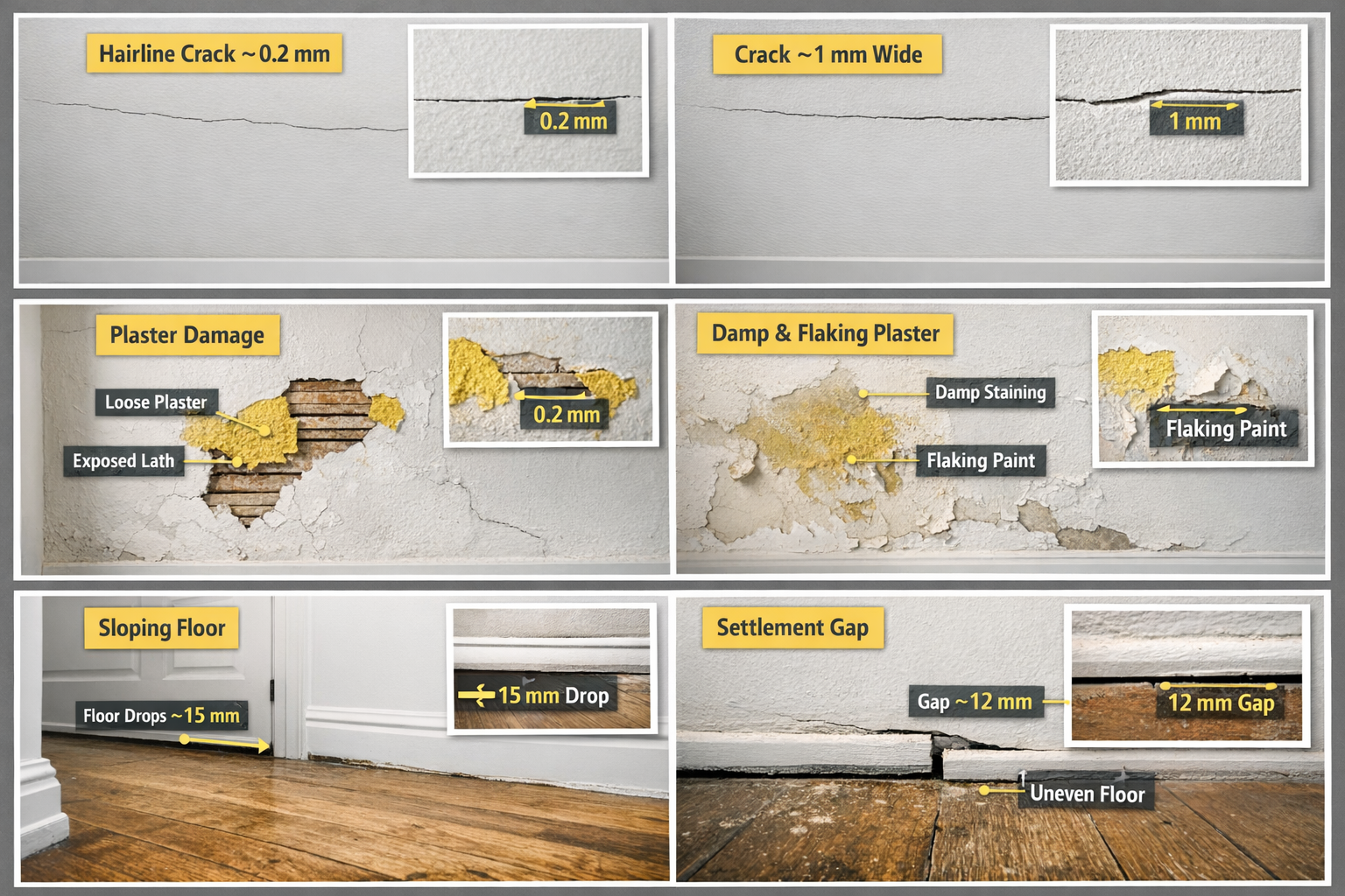 () comparison split-screen photograph showing common defects found during schedule of condition inspections: top row