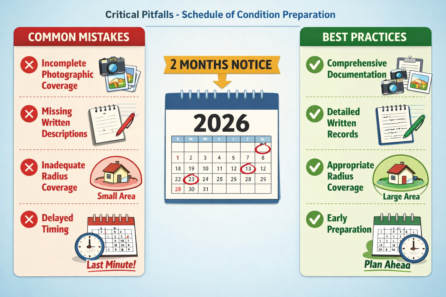() illustrated diagram showing critical pitfalls and best practices in schedule of condition preparation, divided into two