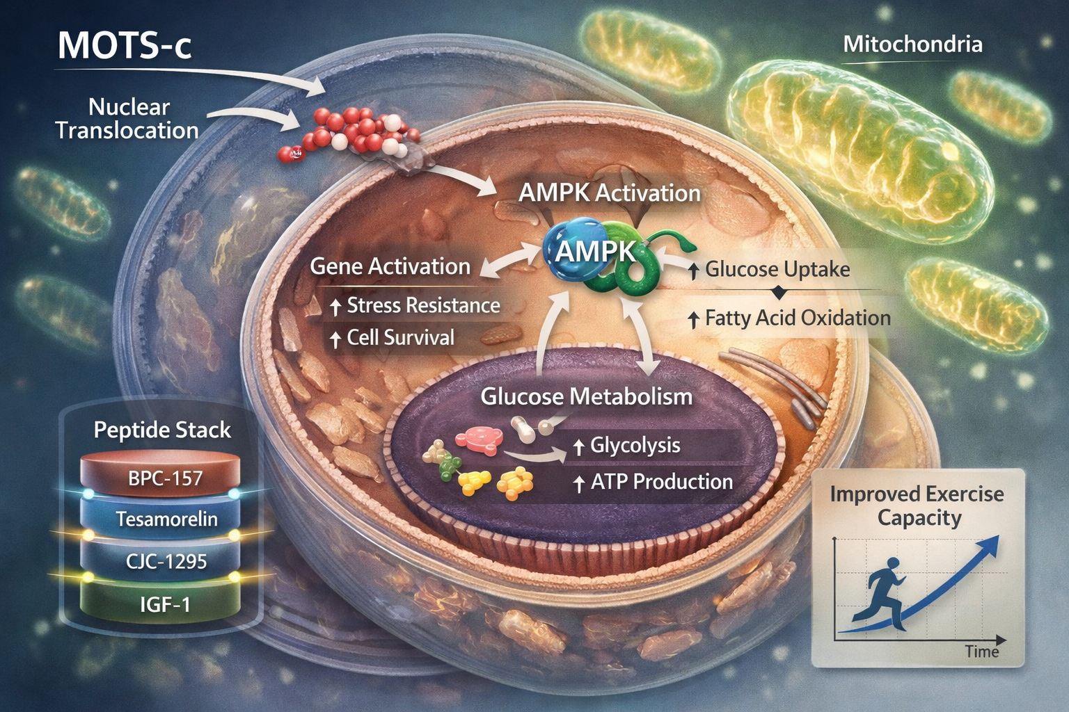 Scientific illustration depicting the cellular mechanisms of MOTS-c, showing its translocation into the nucleus, activation of AMPK pathways