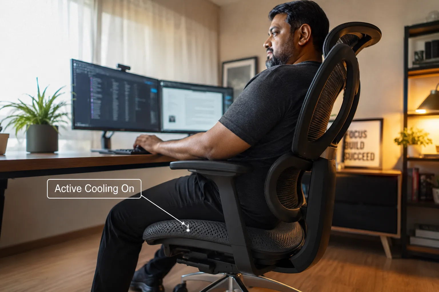 Documentary-style editorial photograph, landscape format 1536x1024, showing a large-framed man of South Asian descent, approximately 40 years old, seated comfortably in a tall ergonomic mesh office chair at a modern home office desk. He is relaxed, slightly reclined, working on dual monitors, warm natural window light from the left, shallow depth of field with the chair's perforated seat cushion in sharp focus in the foreground. A small callout label overlay reads 'Active Cooling On' with a thin arrow pointing to the seat. Warm editorial color grade, magazine-quality composition, no pricing text. LiberNovo Maxis Airflow Real User Reviews and Community Feedback