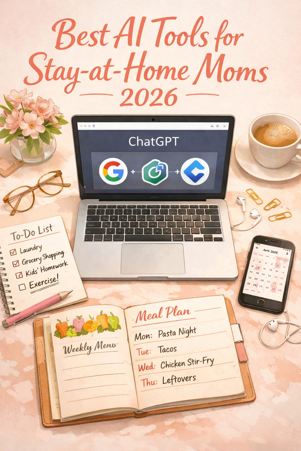 Portrait/Pinterest format () editorial illustration showing a flat-lay overhead view of a mom's desk: open laptop displaying