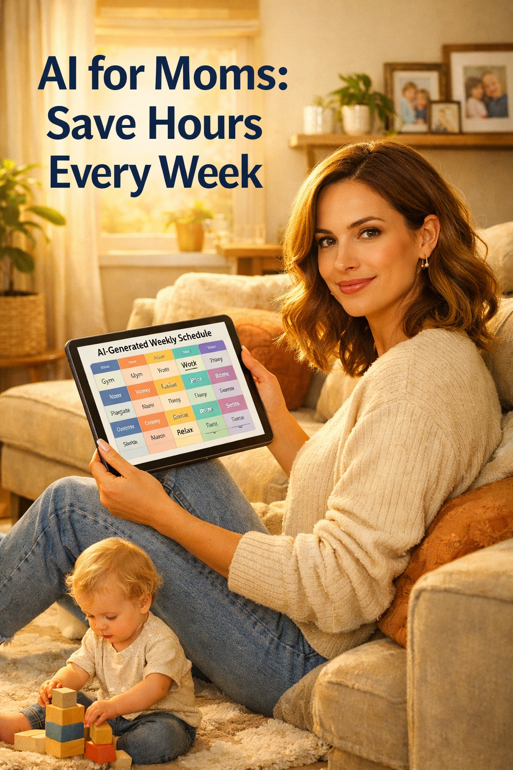 Portrait/Pinterest format () lifestyle editorial photo concept: a confident woman in her early 30s sitting on a cozy couch