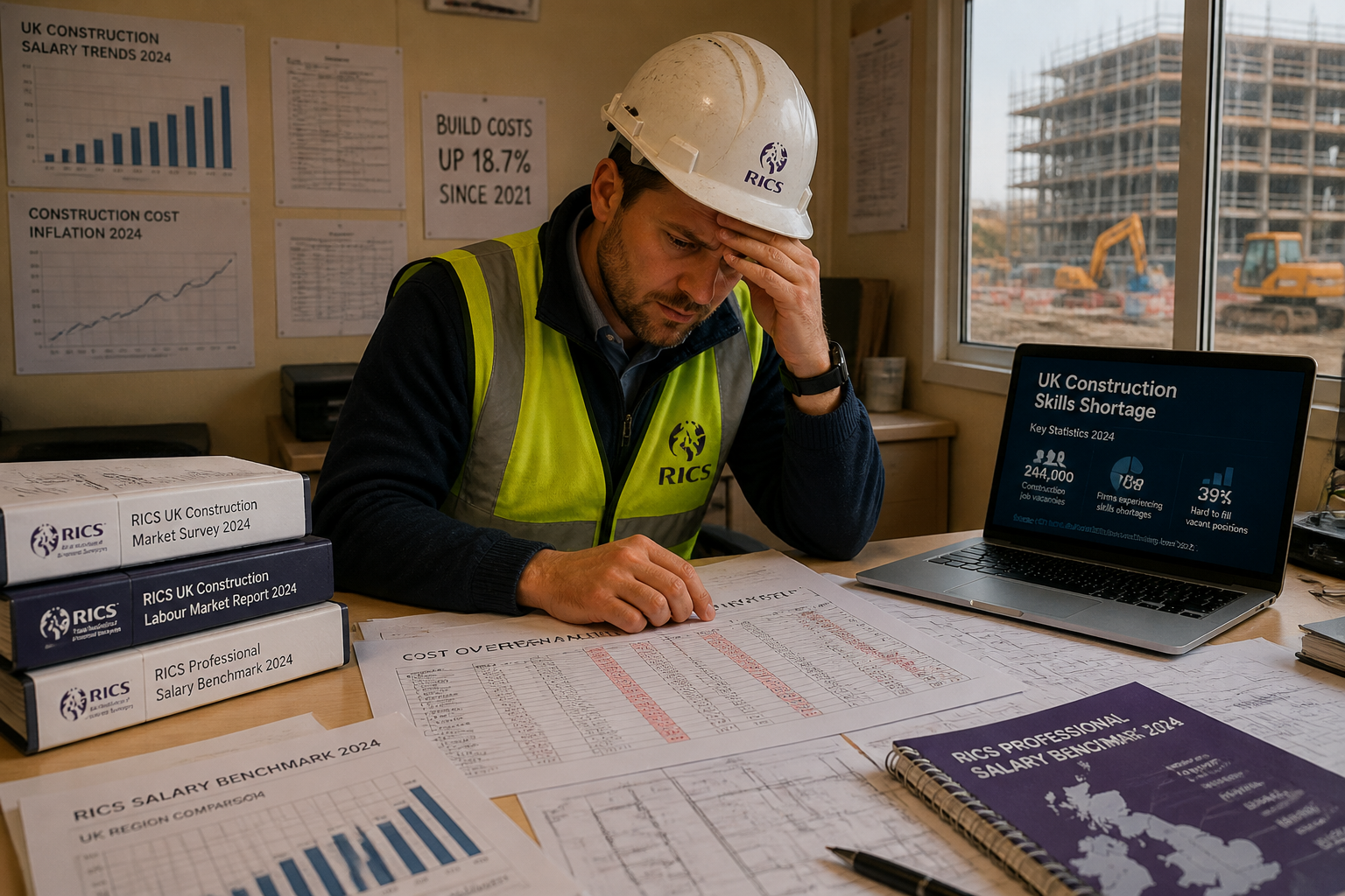 Wide-angle editorial photograph of a stressed building surveyor in a hard hat and hi-vis vest reviewing cost overrun
