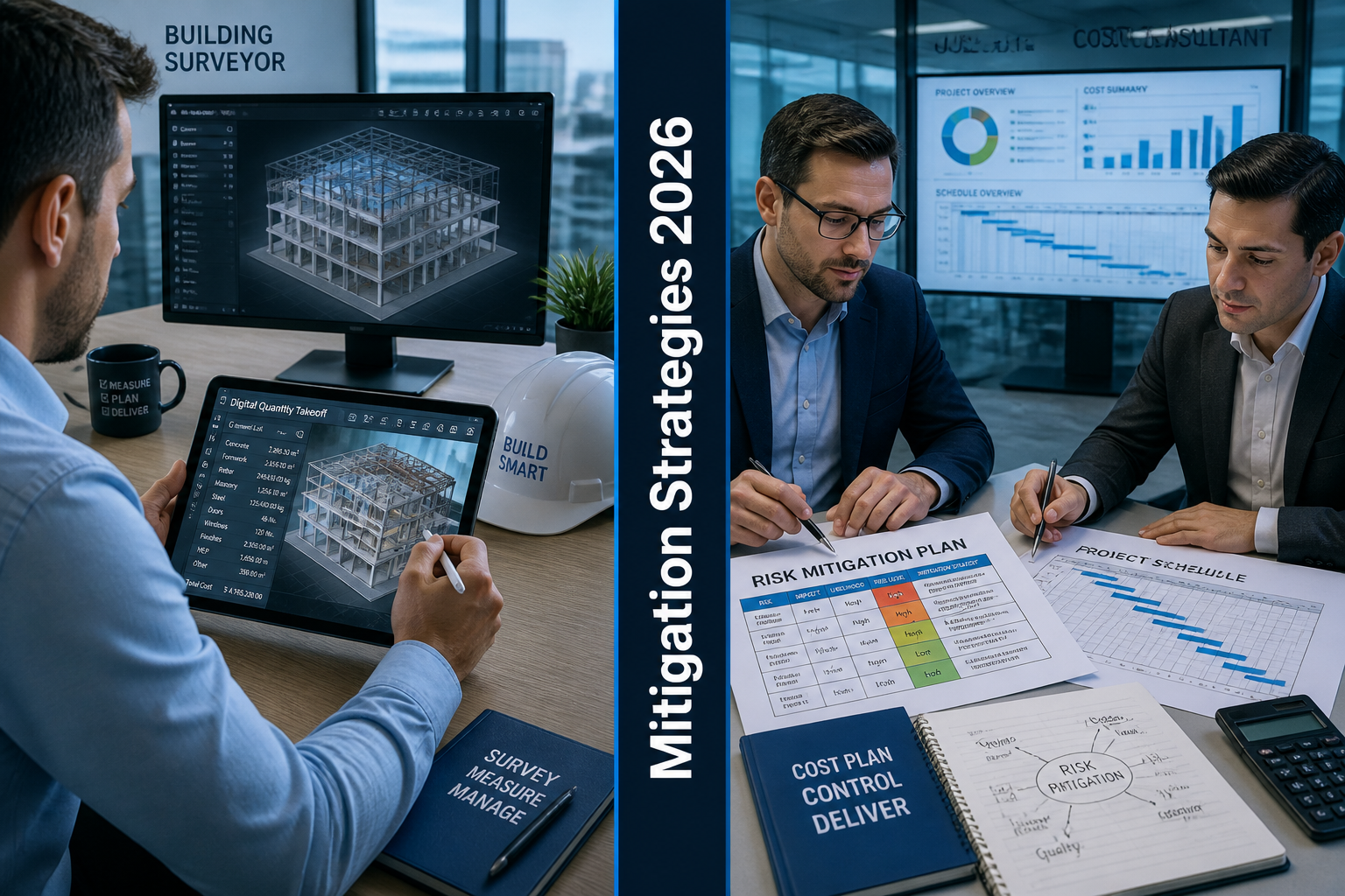 Split-panel landscape image (): left side shows a building surveyor using digital quantity takeoff software on a tablet at a