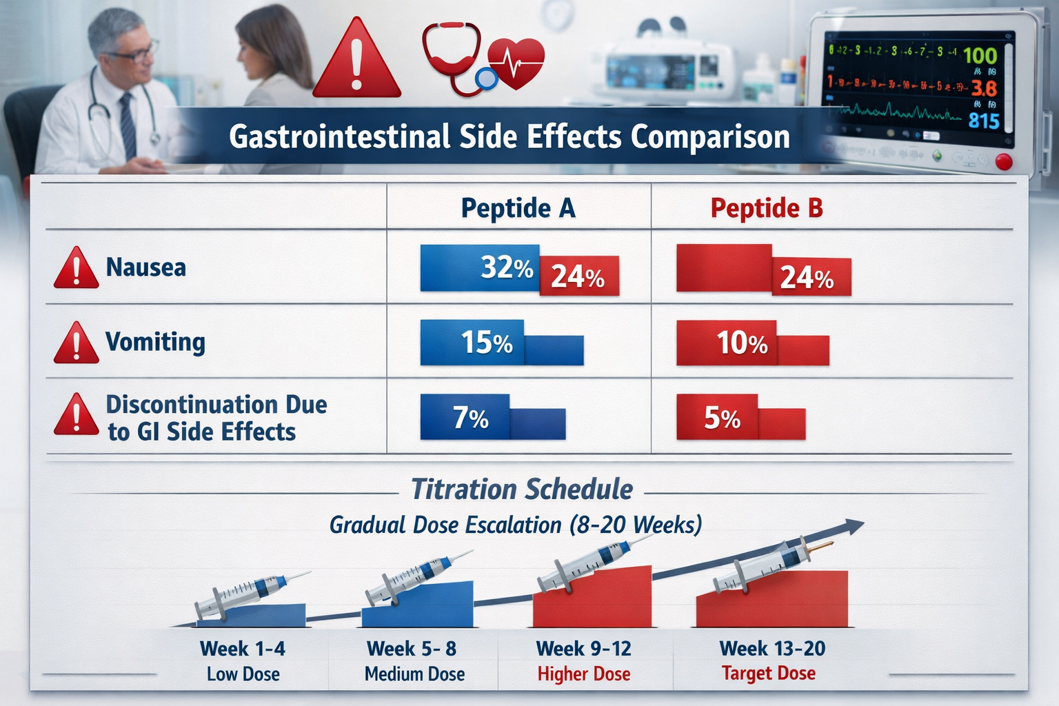 Safety profile comparison table showing gastrointestinal side effects data for both peptides with bar graphs indicating nausea rates, vomiti