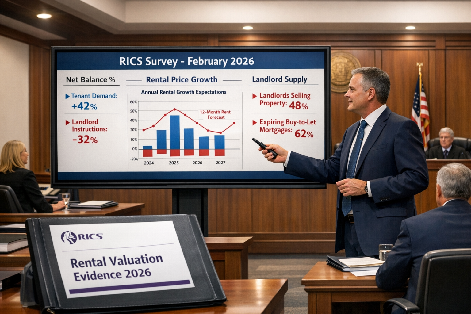 Detailed () image showing professional chartered surveyor in business attire presenting rental market evidence in modern