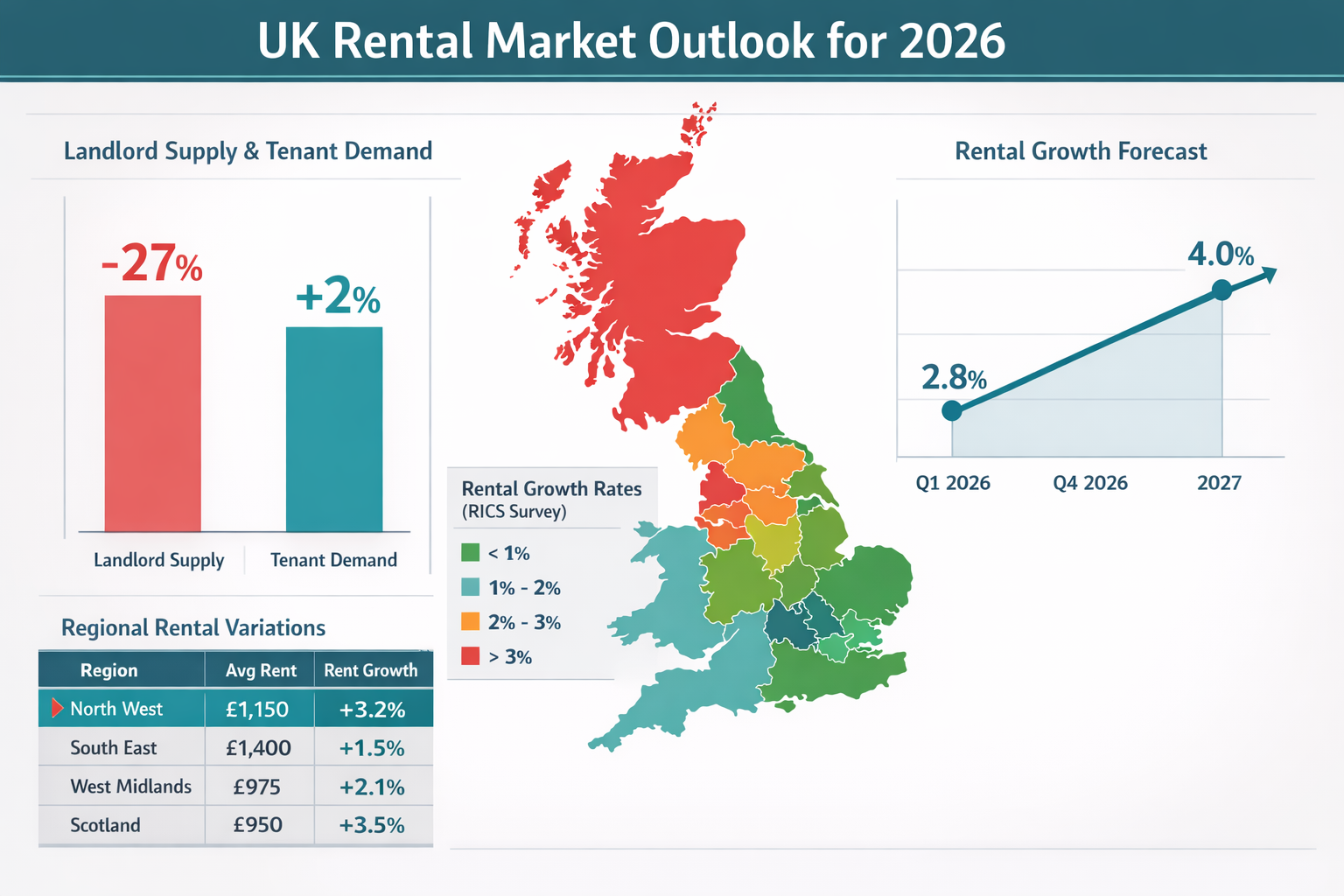 Detailed () infographic-style image displaying comprehensive rental market data comparison across UK regions for 2026.
