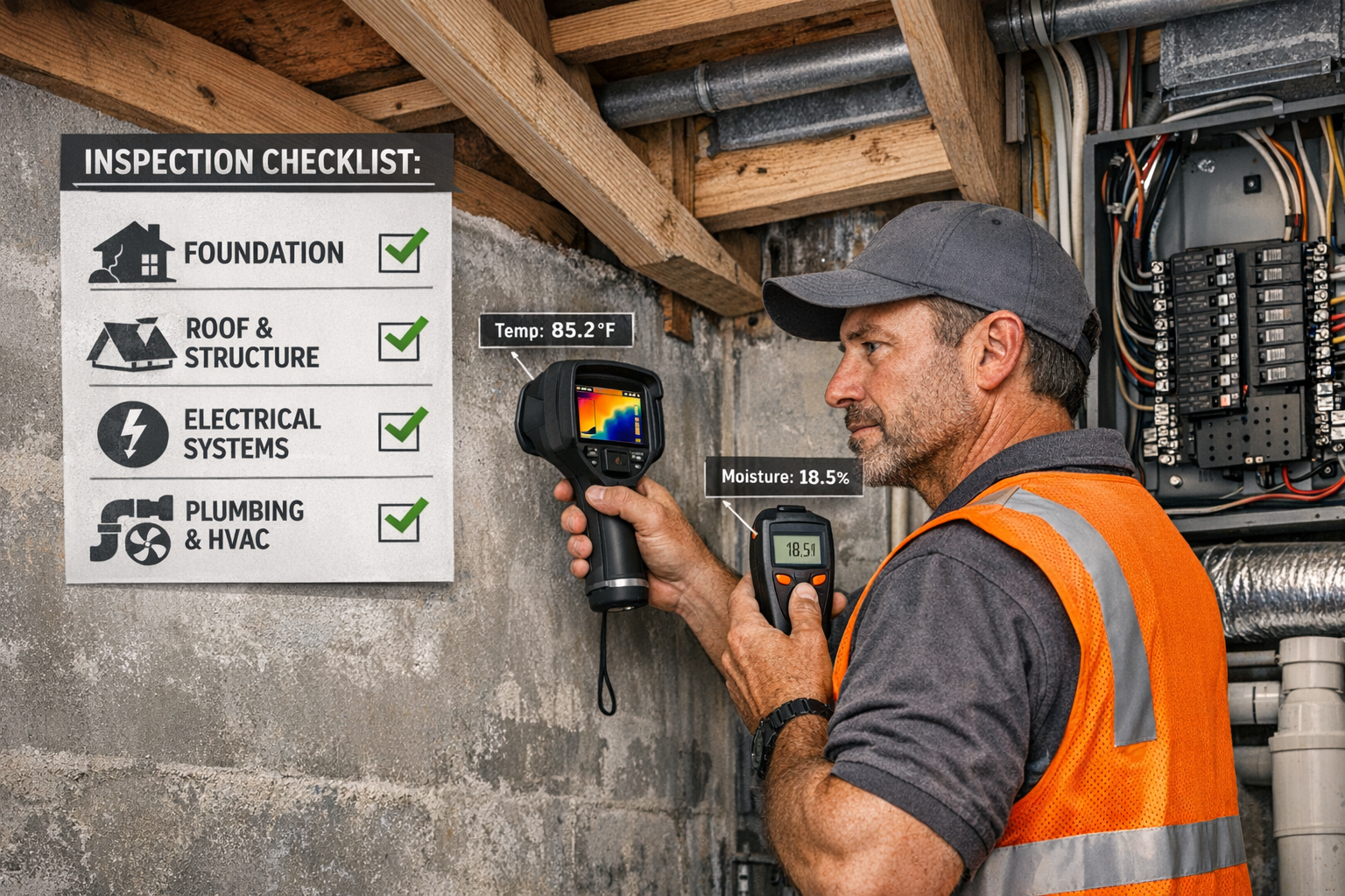 Detailed landscape format (1536x1024) editorial image showing professional building surveyor conducting comprehensive property inspection in