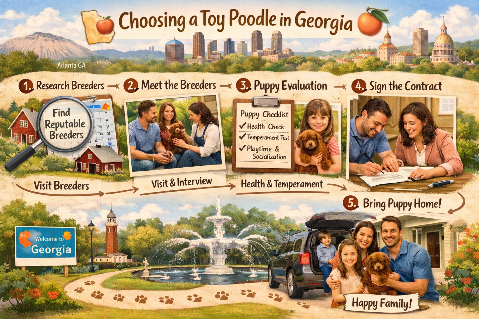 Step-by-step visual guide showing the toy poodle selection process in Georgia, featuring timeline elements, breeder meeting photos, puppy ev