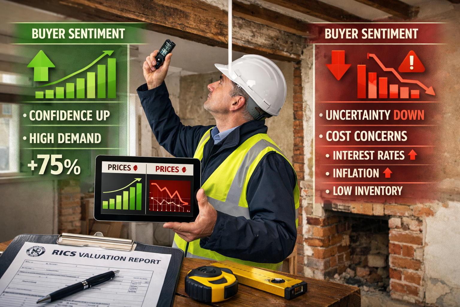 () editorial image showing professional property surveyor conducting interior inspection with modern digital equipment,