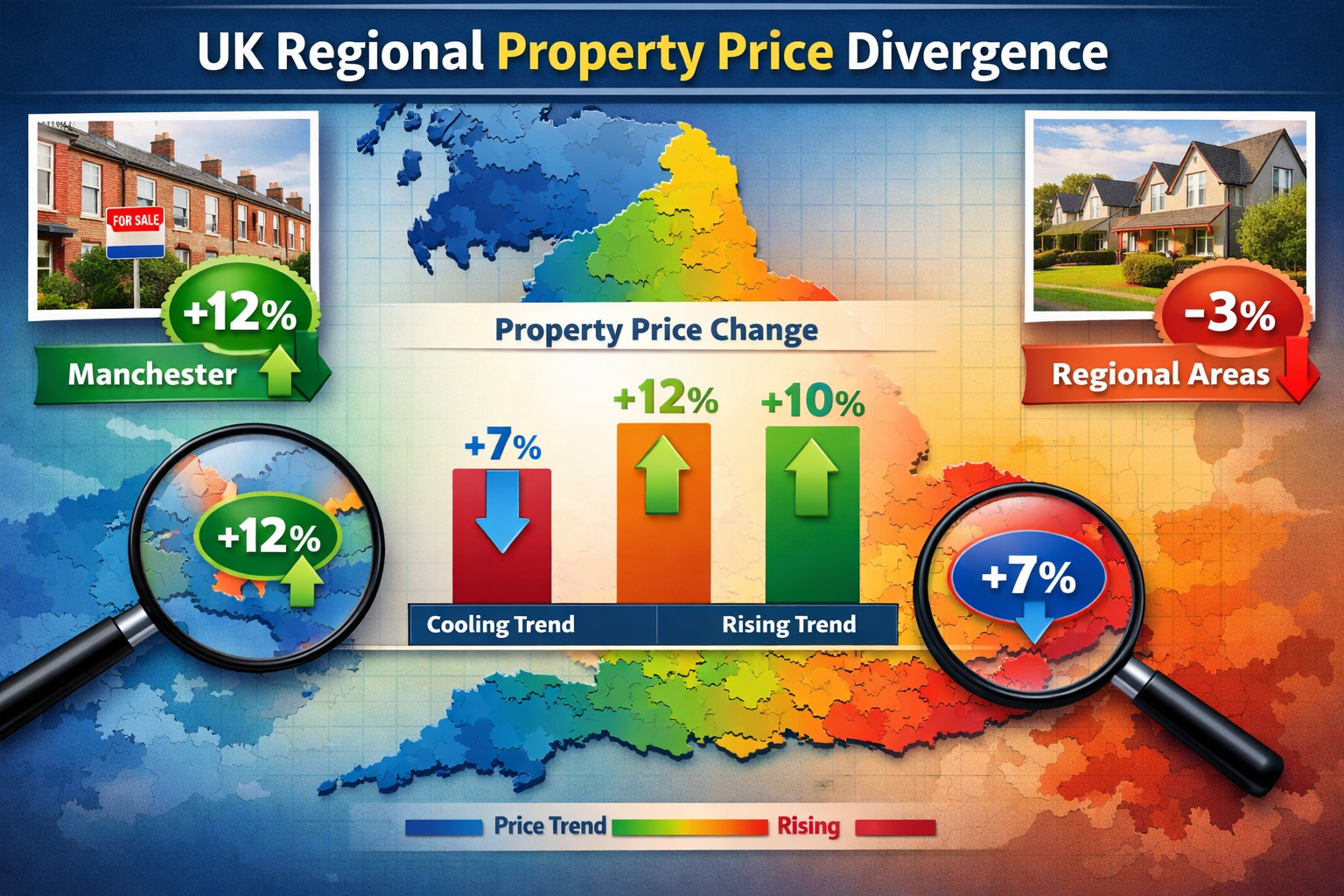 () detailed infographic-style image displaying UK regional property price divergence map with heat-mapped zones showing