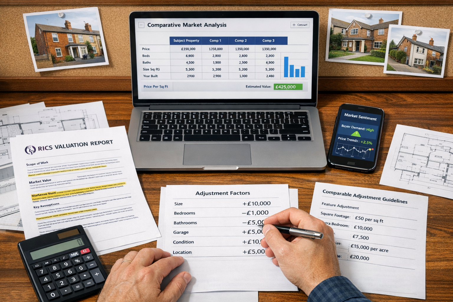 () professional composition showing modern surveyor's desk workspace from overhead perspective with multiple valuation