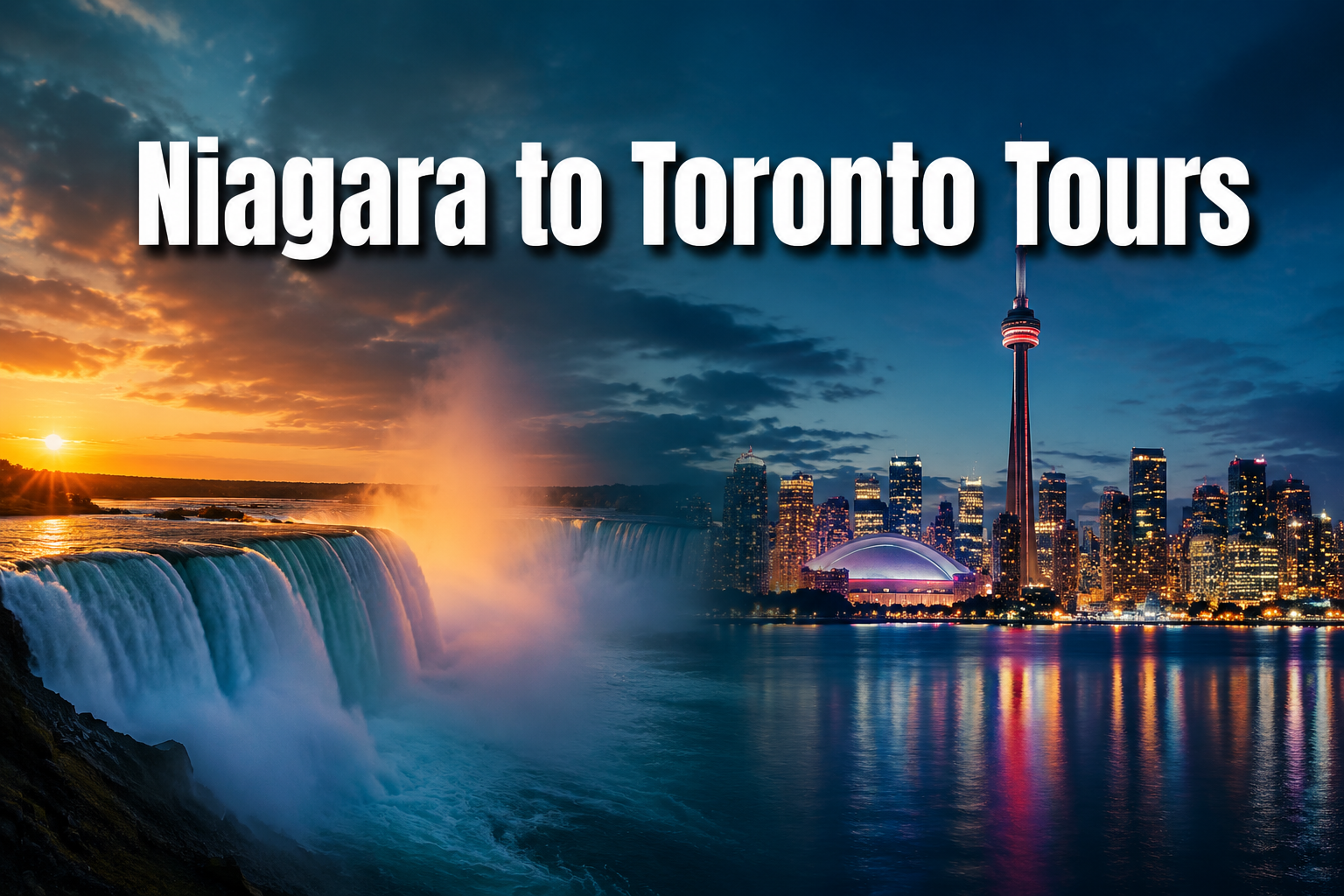 Professional () hero image with : 'Niagara to Toronto Tours' in extra large white with deep , centered upper third.