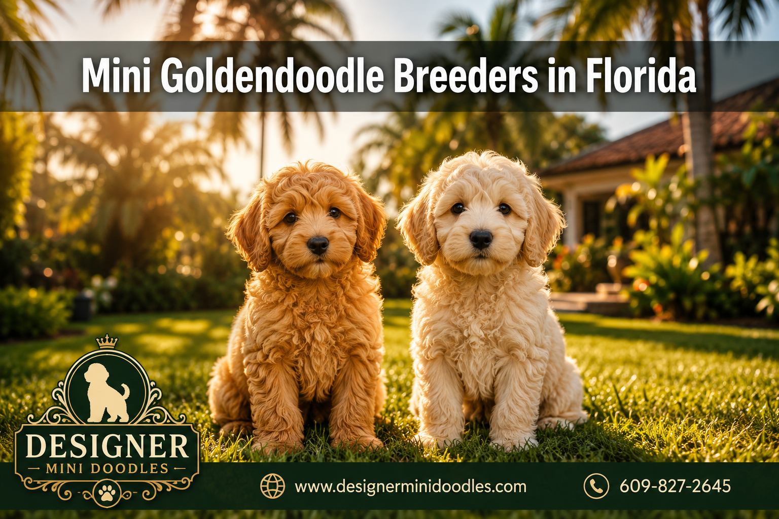 Professional () hero image with 'Mini Goldendoodle Breeders in Florida' in white with dark drop , centered upper-third with