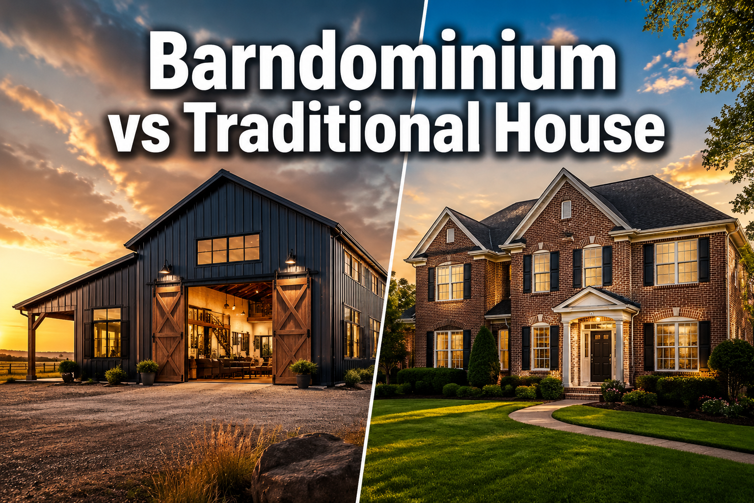 Professional () hero image with : 'Barndominium vs Traditional House' in extra large white with dark drop , centered in
