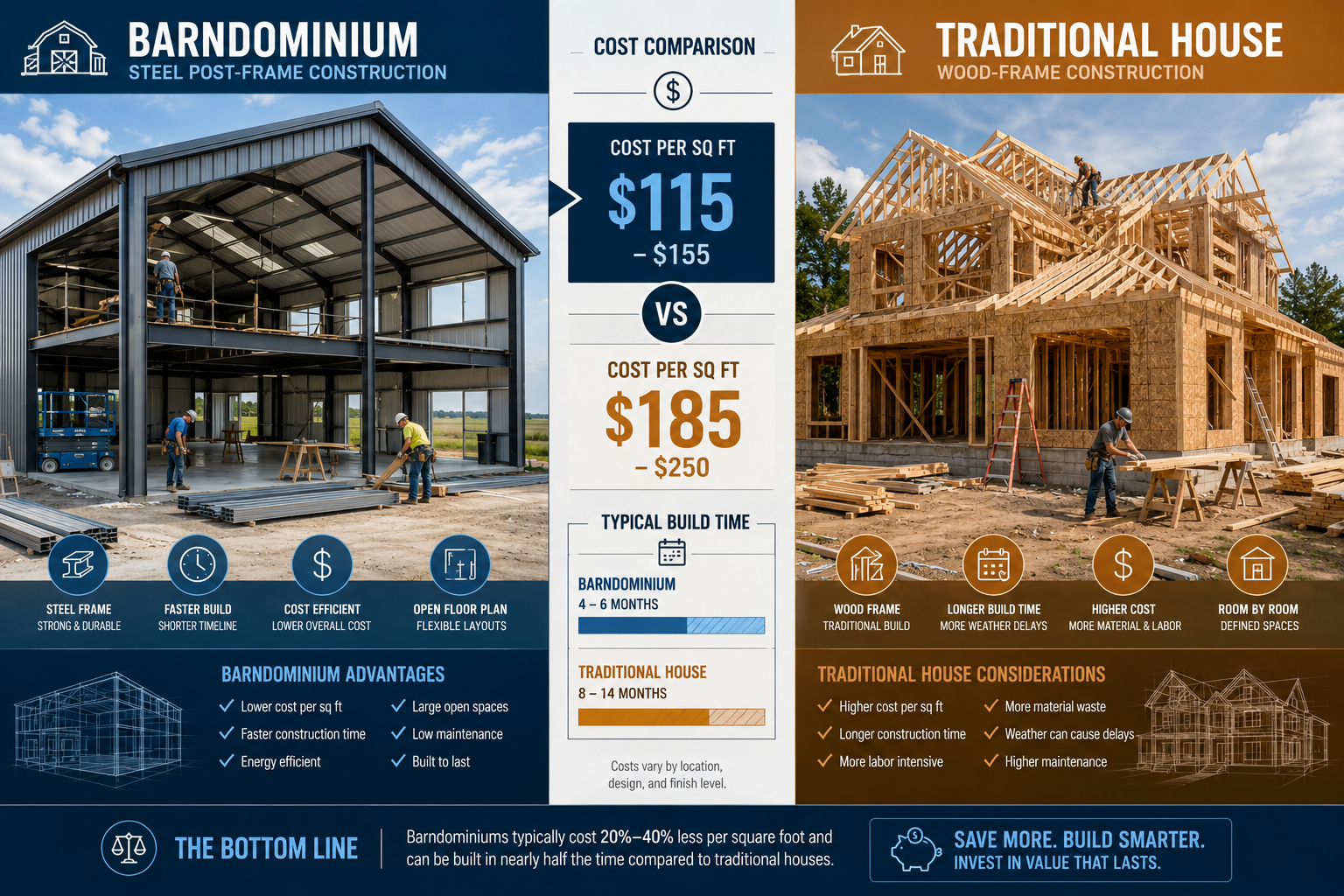 Wide () editorial infographic-style image showing a side-by-side cost comparison between a barndominium and a traditional