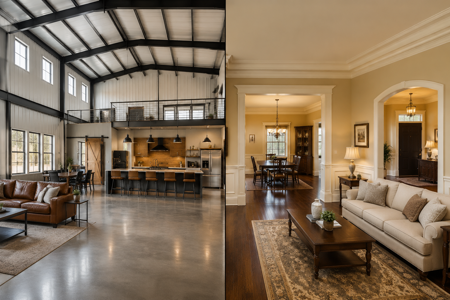 () interior comparison image: left half shows a barndominium interior with soaring 20-foot ceilings, polished concrete