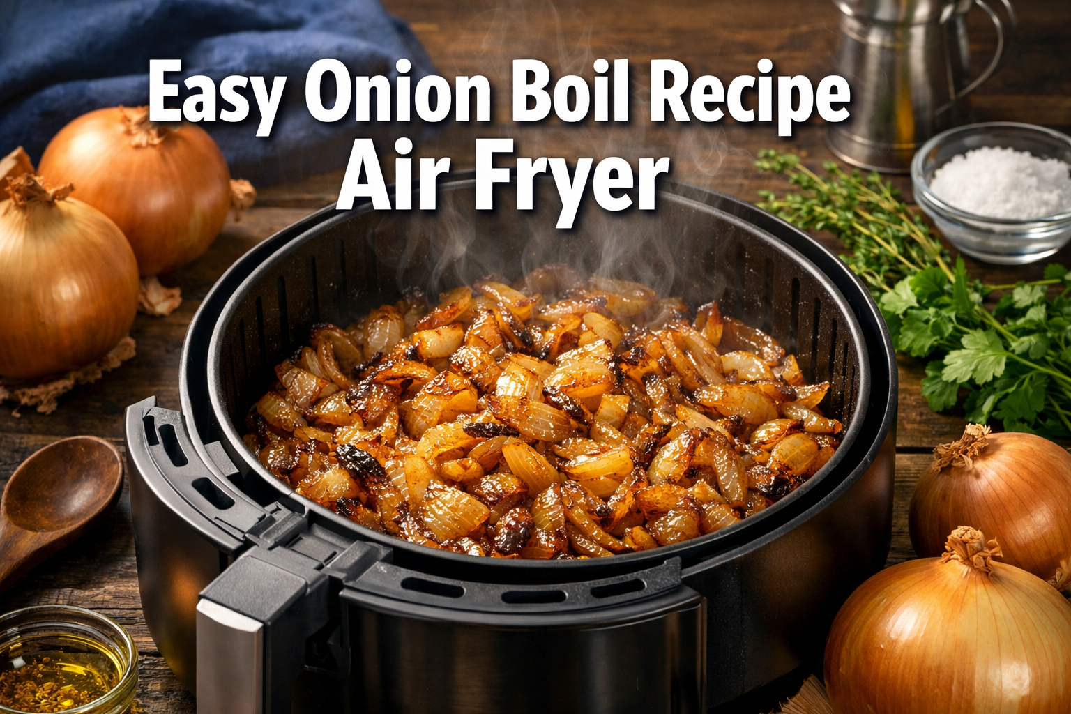 Professional landscape hero image (1536x1024) featuring bold text overlay 'Easy Onion Boil Recipe Air Fryer' in extra large 70pt white sans-