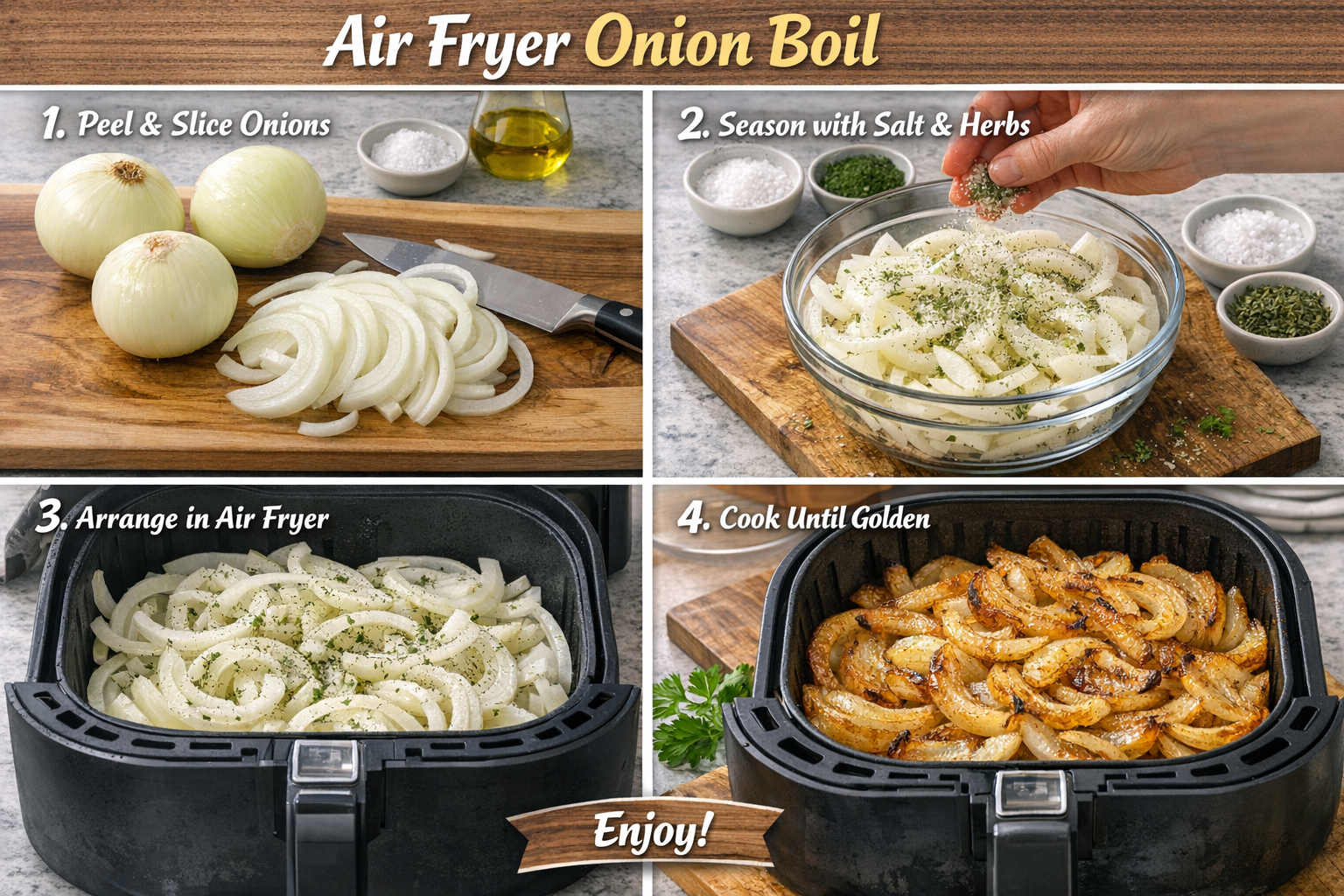 Detailed step-by-step visual guide showing air fryer onion boil preparation process with numbered steps overlay, featuring fresh onions bein