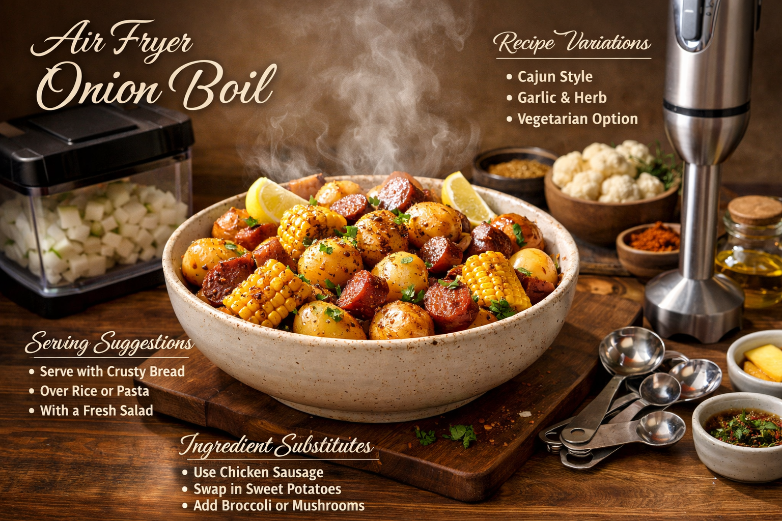 Professional food photography showing perfectly cooked air fryer onion boil in serving bowl with garnish, alongside helpful kitchen tools in
