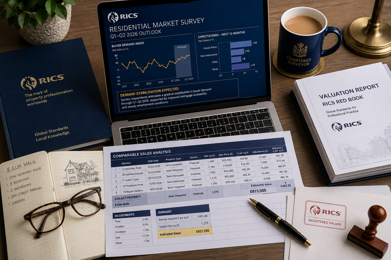 Wide-angle editorial photograph of a chartered surveyor's desk with RICS residential market survey charts, Q1-Q2 2026 demand