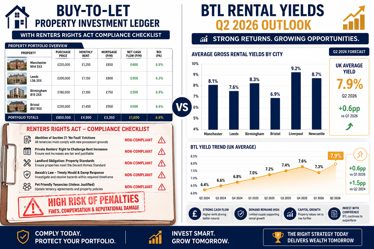 Infographic-style illustration showing a split-screen comparison: left side displays a Buy-To-Let property investment ledger