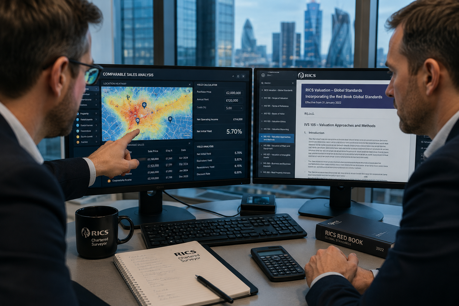 Close-up photograph of two chartered surveyors at a modern London office conference table reviewing comparable sales