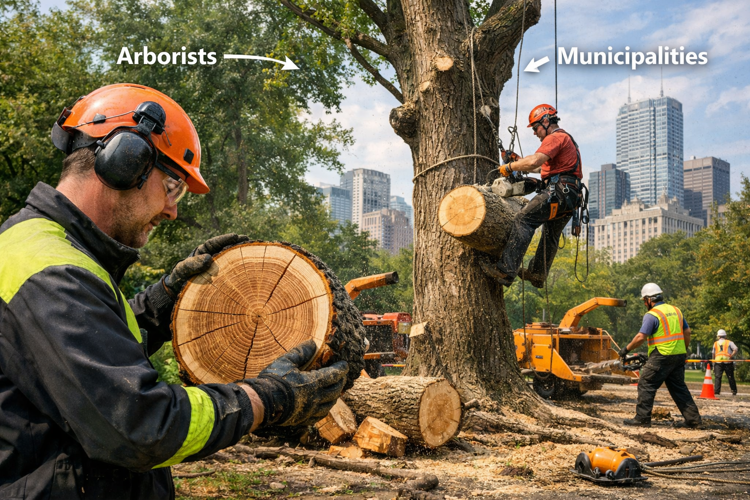 Detailed () image showing an urban arborist safely felling a large tree in a city park, with workers carefully sectioning