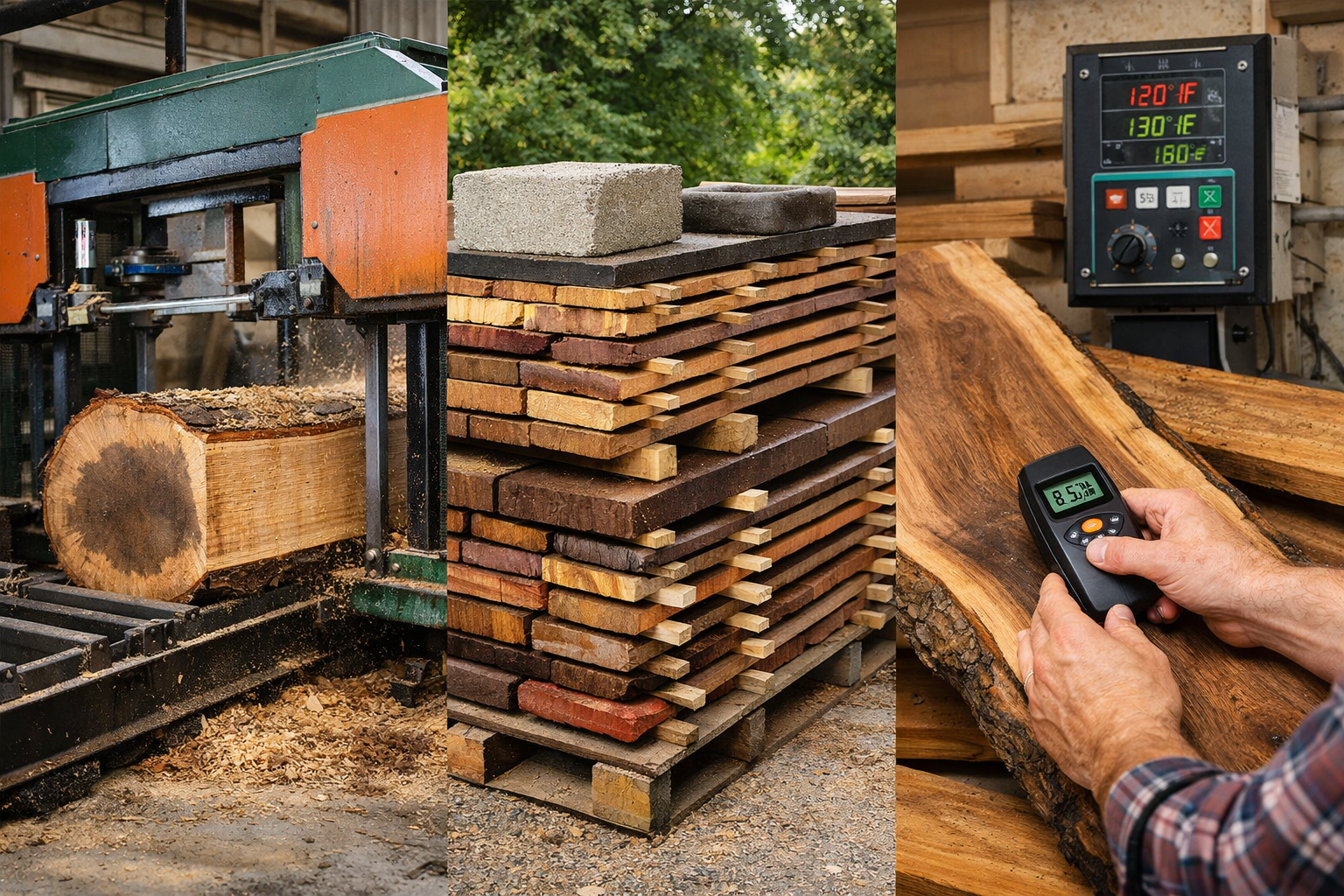 Visually distinct () image depicting various stages of processing salvaged urban timber. On the left, a large bandsaw mills