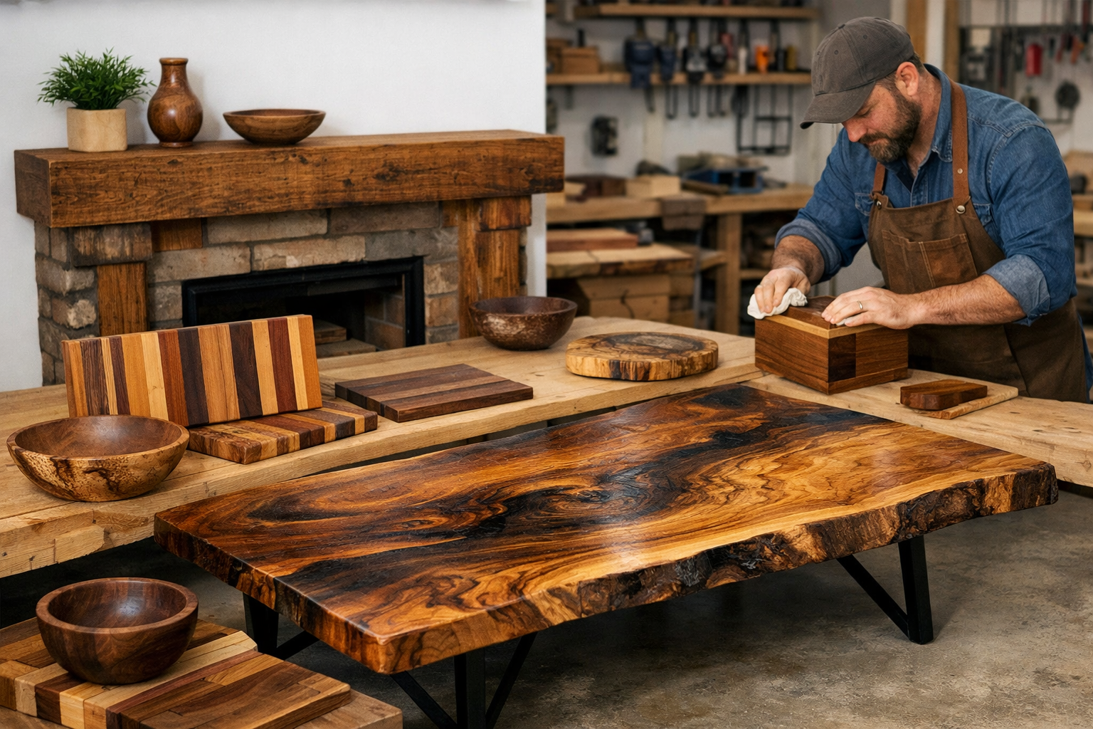 () image showcasing diverse woodworking projects made from salvaged urban timber. A beautifully crafted coffee table with a