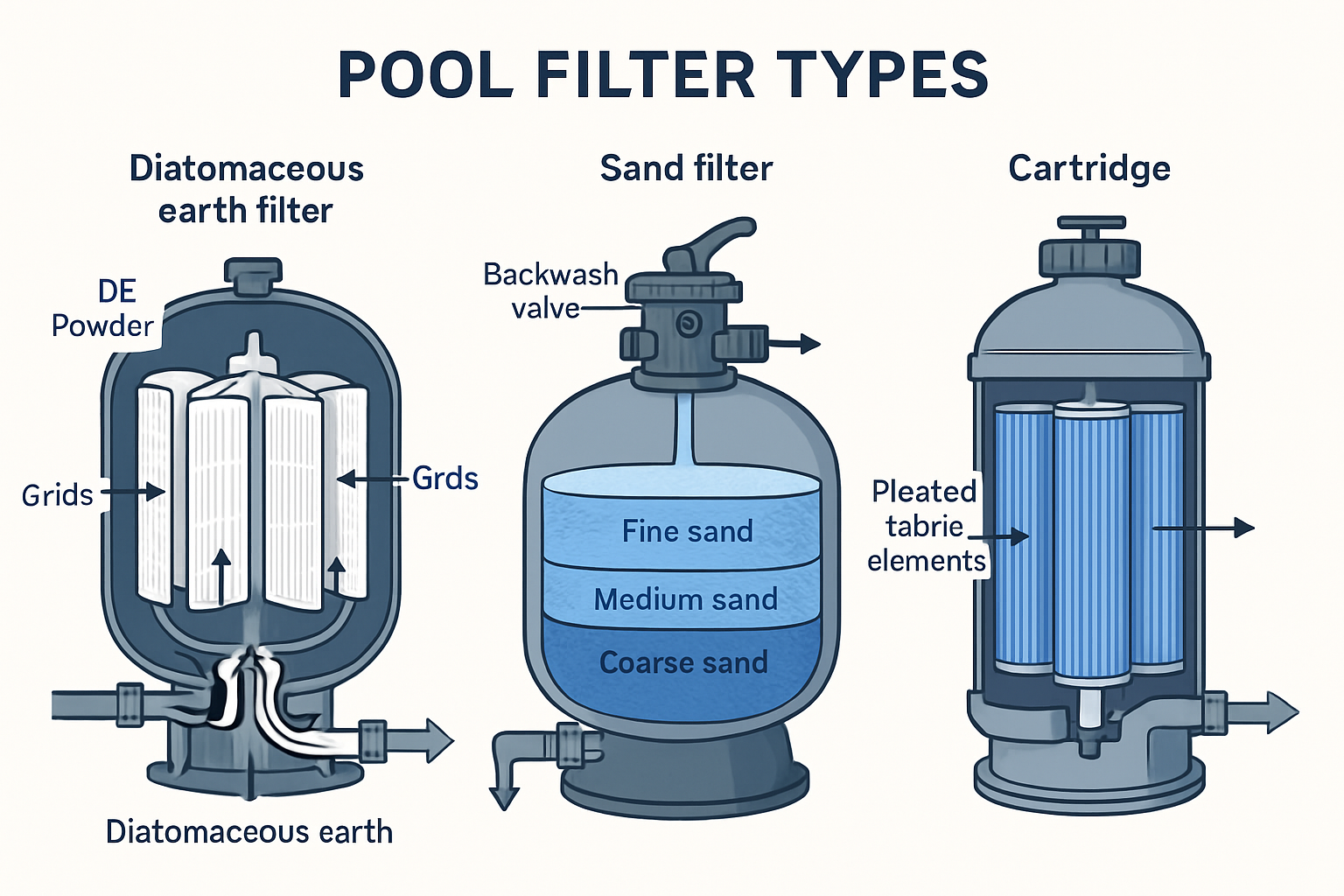 Detailed cutaway diagram showing three pool filter types side by side - diatomaceous earth filter with DE powder coating grids, sand filter 