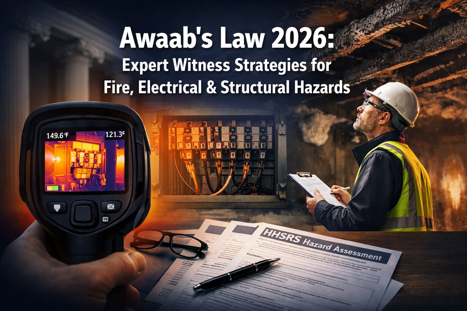 Professional () hero image featuring 'Awaab's Law 2026: Expert Witness Strategies for Fire, Electrical & Structural Hazards'