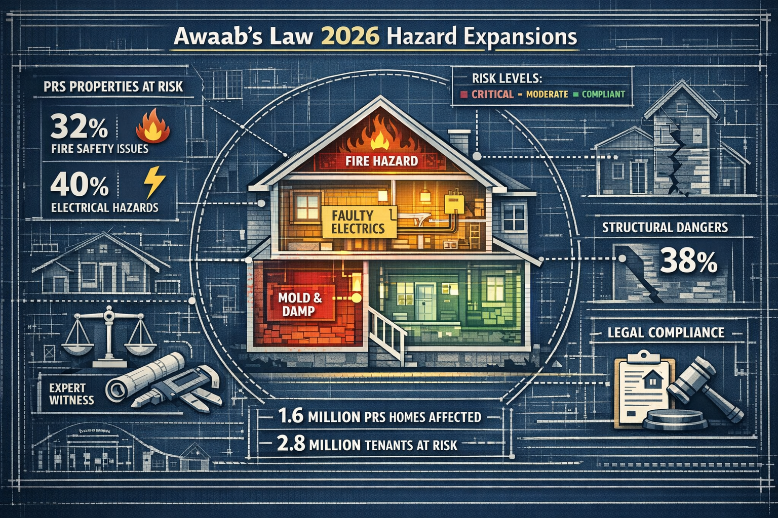 Comprehensive visual summary of Awaab's Law 2026 Hazard Expansions, featuring an architectural blueprint-style infographic