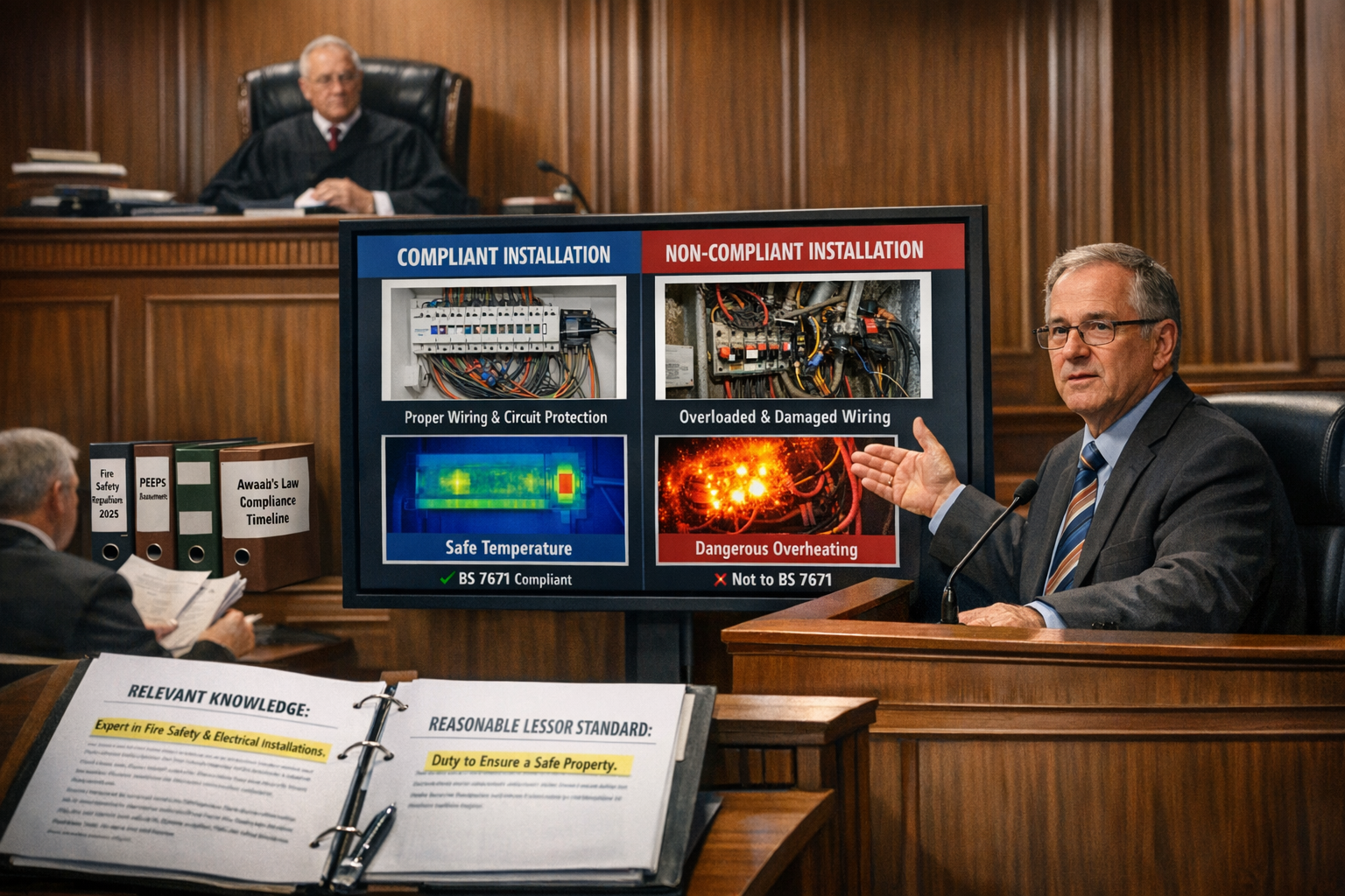 () courtroom preparation scene showing expert witness at witness stand with large display monitor presenting fire safety