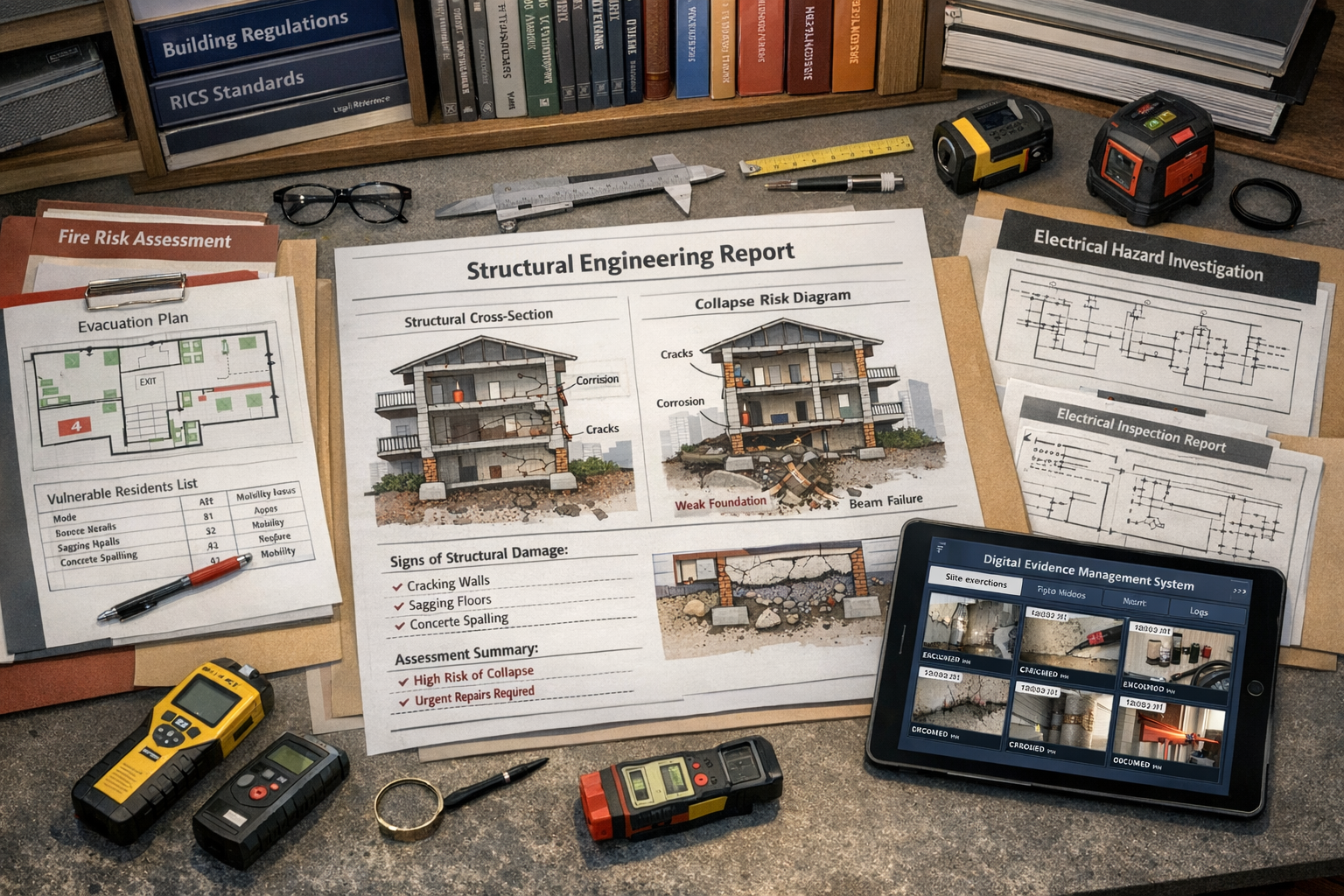 () technical documentation workspace showing comprehensive dispute preparation materials spread across large desk: center