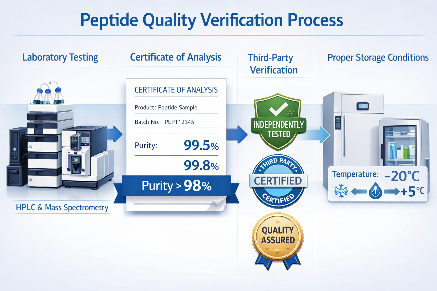 Detailed landscape infographic (1536x1024) showing peptide quality verification process with four distinct sections: laboratory testing equi