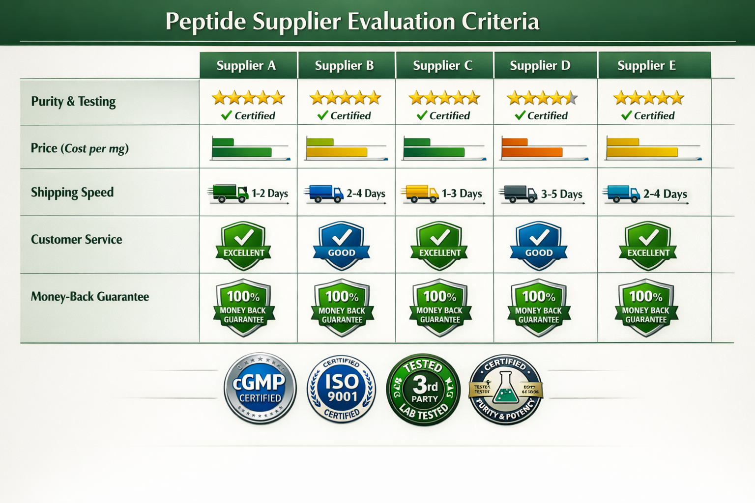 Professional landscape comparison matrix (1536x1024) showing peptide supplier evaluation criteria with detailed visual elements: five-star r