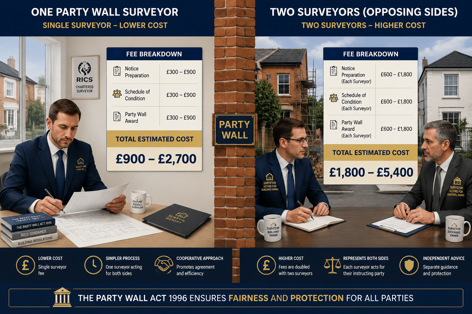 Wide-angle editorial illustration showing a split-screen comparison: left side displays a single party wall surveyor at a