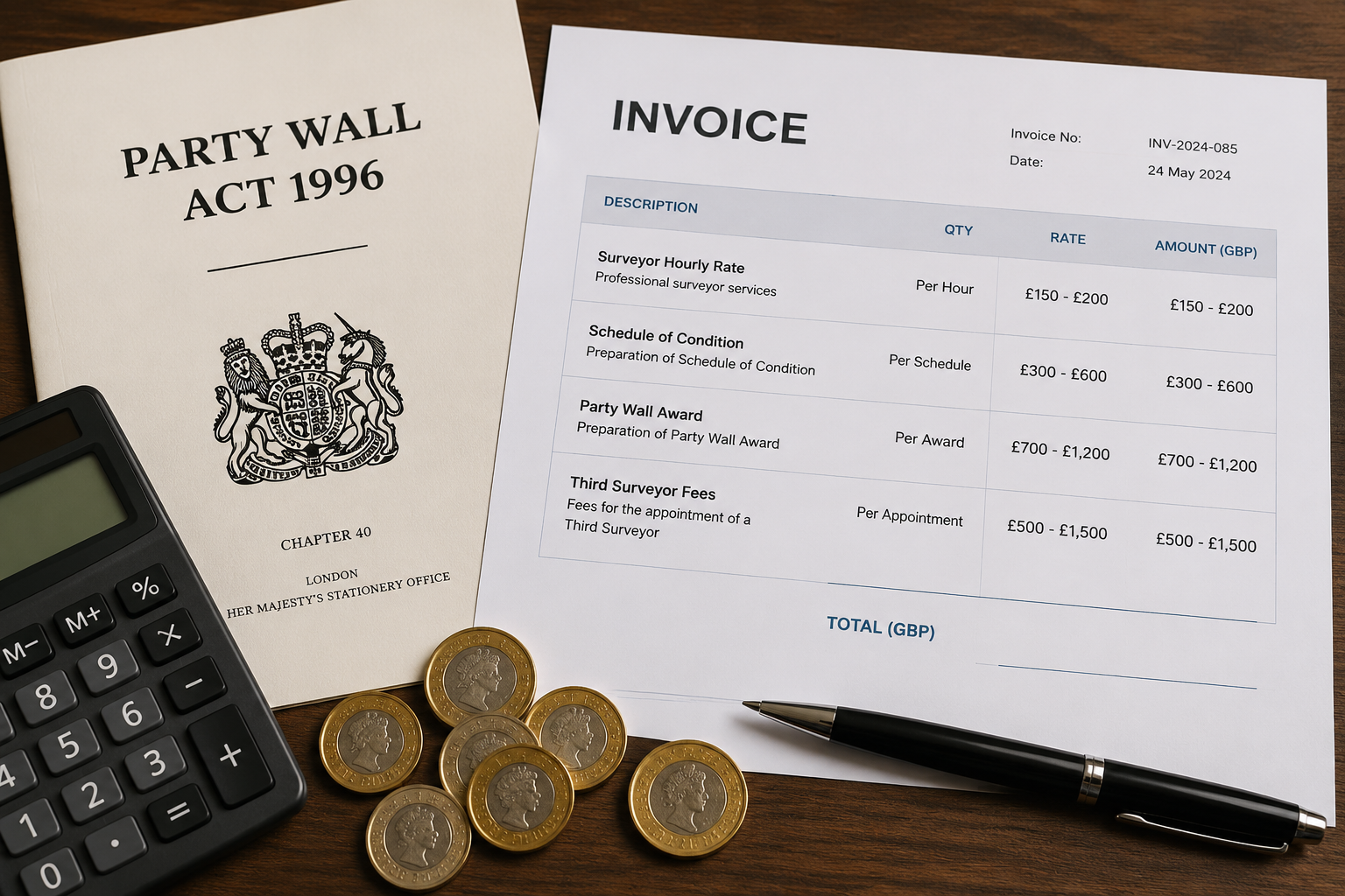 Overhead flat-lay editorial photograph of a UK property desk scene: Party Wall Act 1996 document, a detailed fee invoice