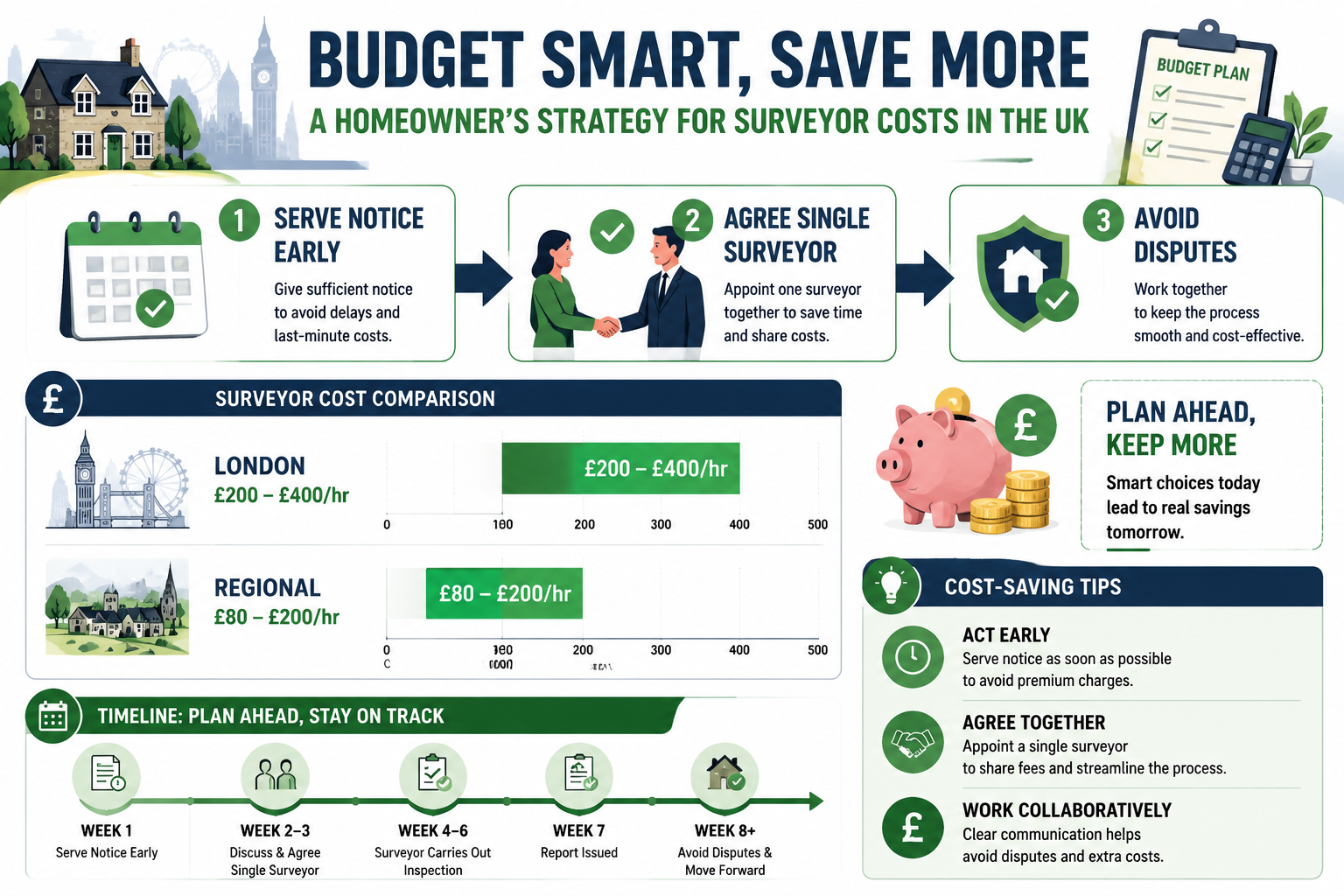 Dynamic editorial infographic illustration showing a UK homeowner budgeting strategy flowchart: arrows pointing from 'Serve