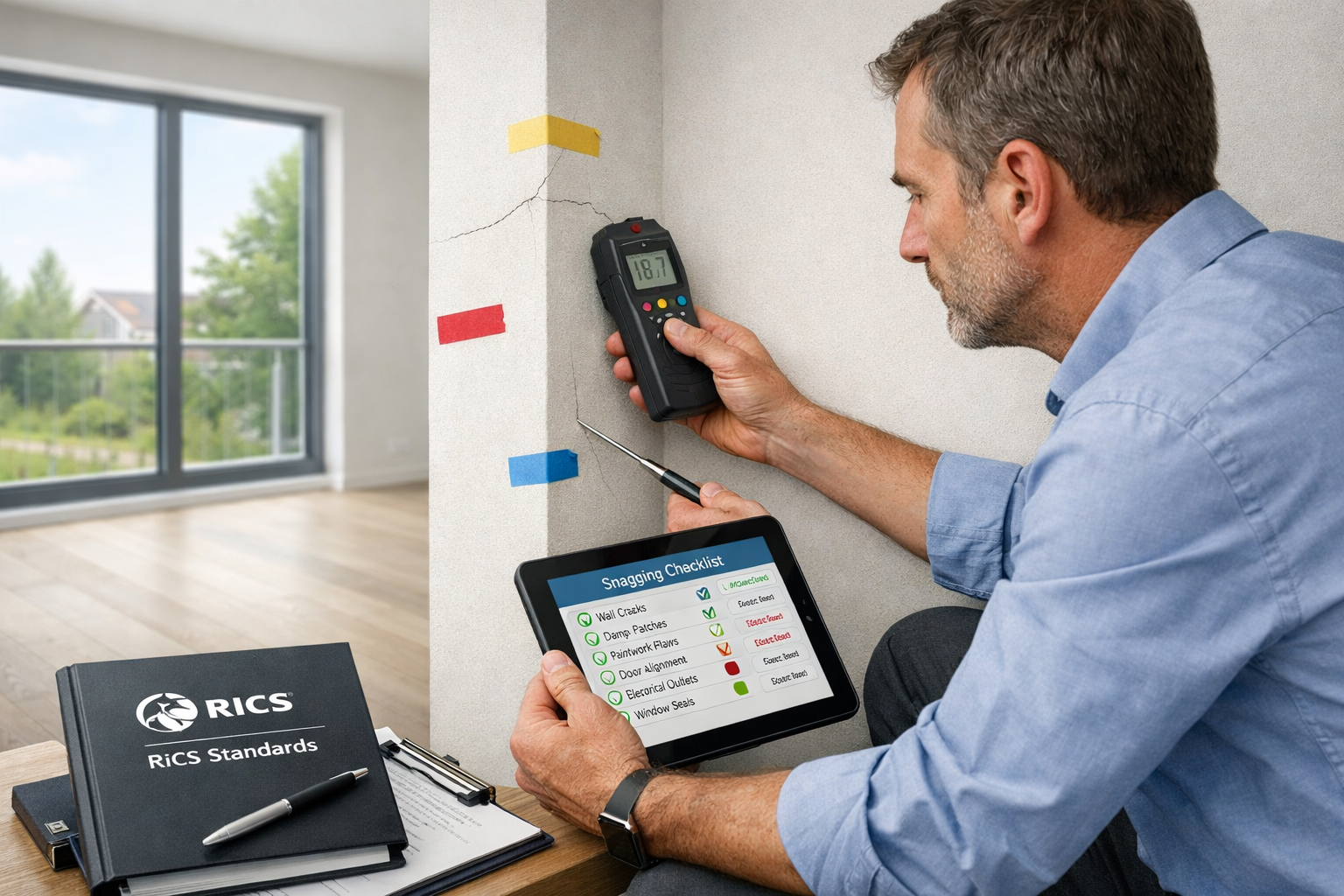 Detailed () image showing close-up of professional building surveyor conducting detailed inspection of new build property