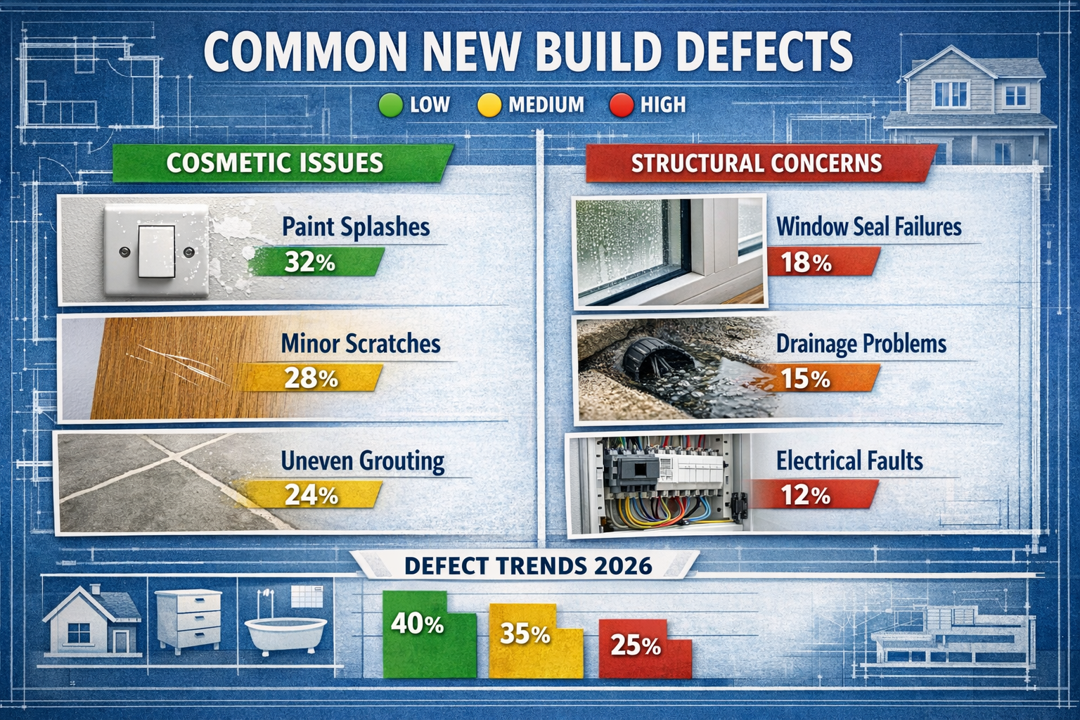 Comprehensive () infographic-style image displaying common new build defects categorized by severity levels, split-screen