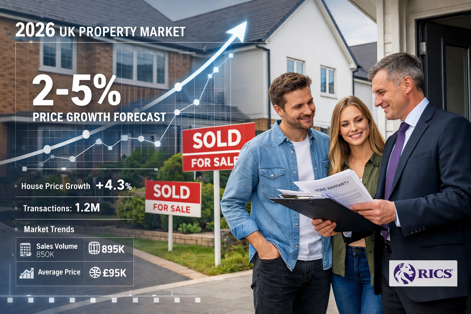 Dynamic () image depicting UK property market growth visualization for 2026, featuring modern new build development in