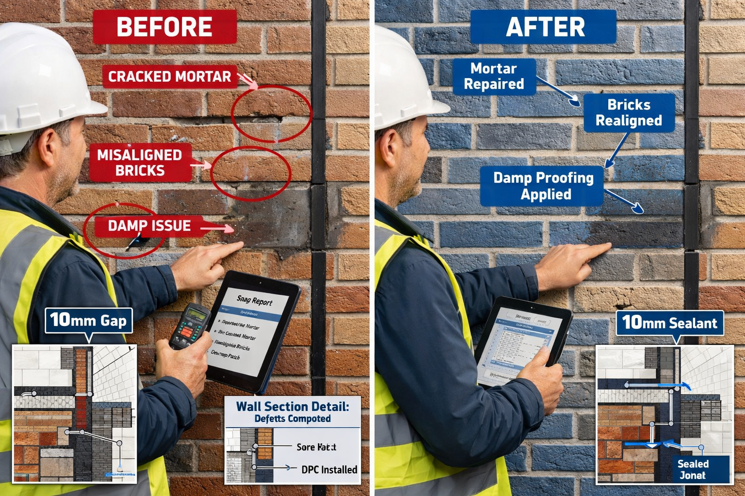 Detailed () image showing close-up of party wall boundary between two new build properties with visible construction defects