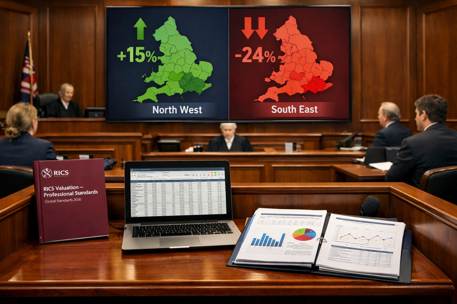 Detailed () image showing professional courtroom or arbitration setting with expert witness stand in foreground. Large