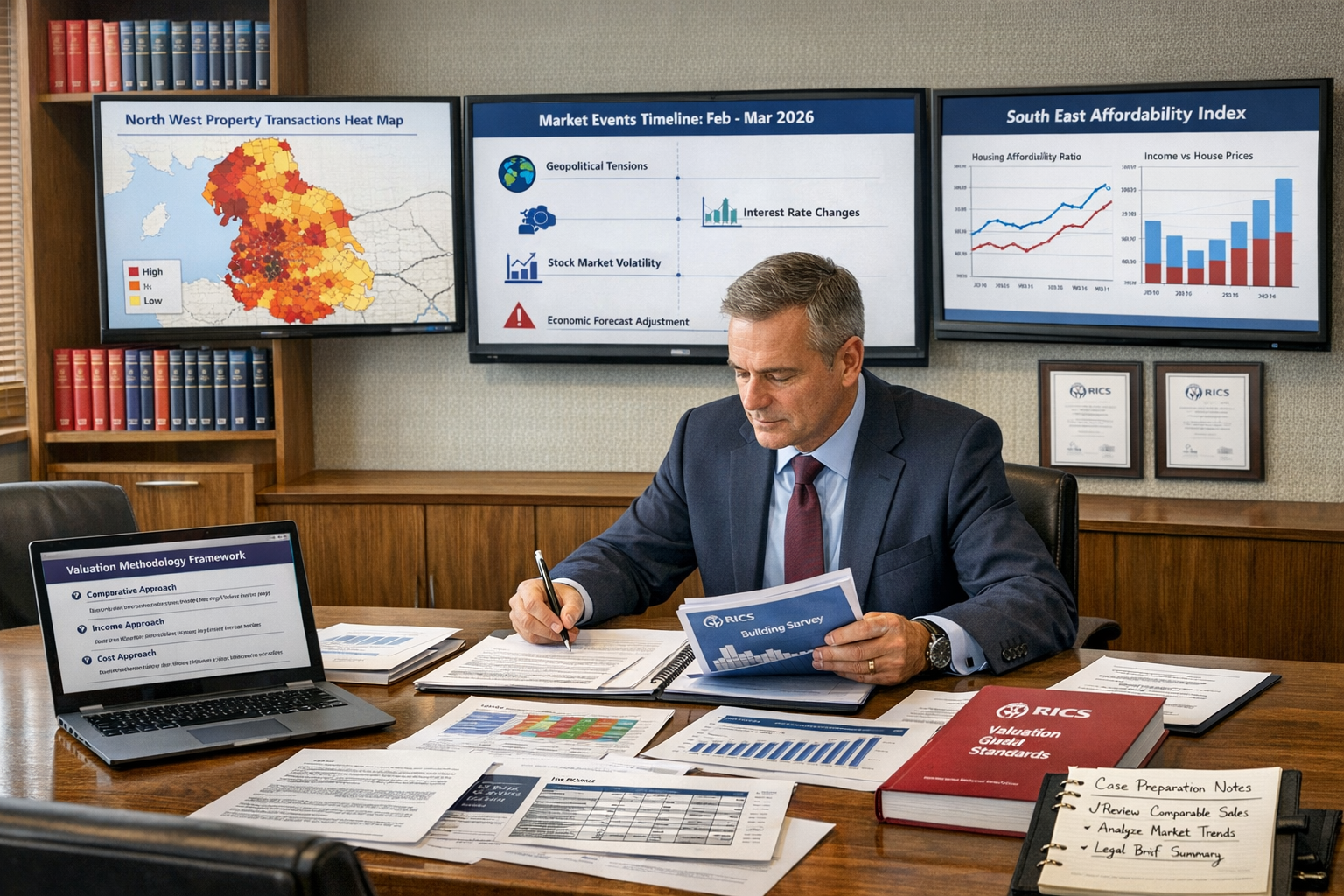Detailed () image showing professional expert witness preparation scene in modern office conference room. Central figure: